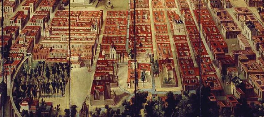 El biombo de la conquista y vista de la Ciudad de México